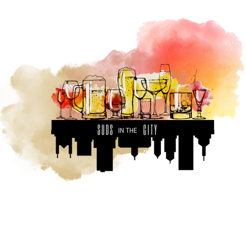 Suds in the City Logo Colorful Clouds with drawn images of cocktails and beverages on an upside down silhouette of the city with the words Suds In The City
